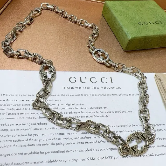 Gucci GG Marmont Silver Green Heavy-Link Chain Engraved Double-G Medallions Necklace 7