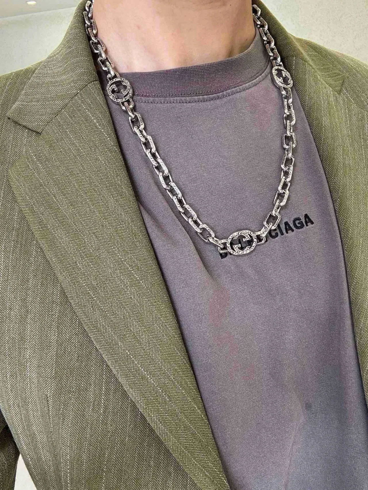 Gucci GG Marmont Silver Green Heavy-Link Chain Engraved Double-G Medallions Necklace 8