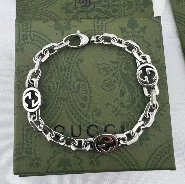 Gucci GG Marmont Prata Interlocking G Logo Links Metal Polido Colar 6
