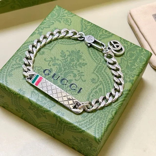 Gucci GG Marmont Silver Multicolor Curb Chain Rectangular Plaque Bracelet 4