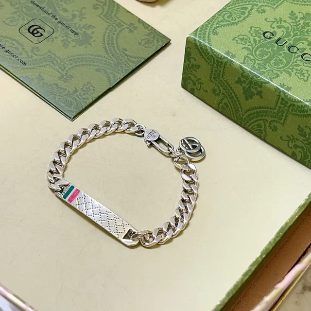 Gucci GG Marmont Silver Multicolor Curb Chain Rectangular Plaque Bracelet 9
