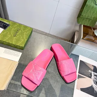 Gucci GG Marmont Slide Pink Embossed Strap Slippers