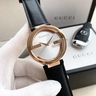 Gucci GG2570 Interlocking G Rose Gold Tone and Black Leather Quartz Watch