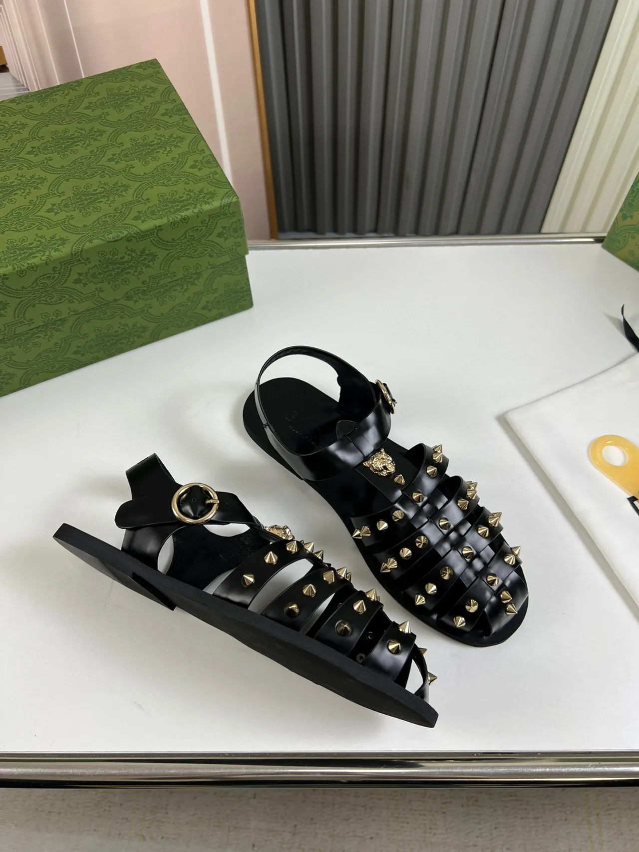 Gucci Gladiator Sandal Black Gold Multi-Strap Studded Gladiator Sandals 5