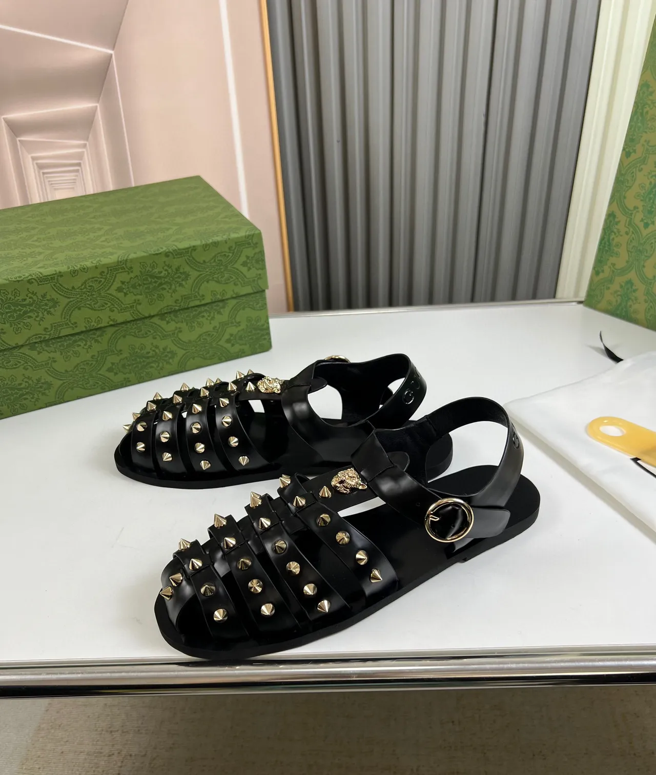 Gucci Gladiator Sandal Black Gold Multi-Strap Studded Gladiator Sandals 7