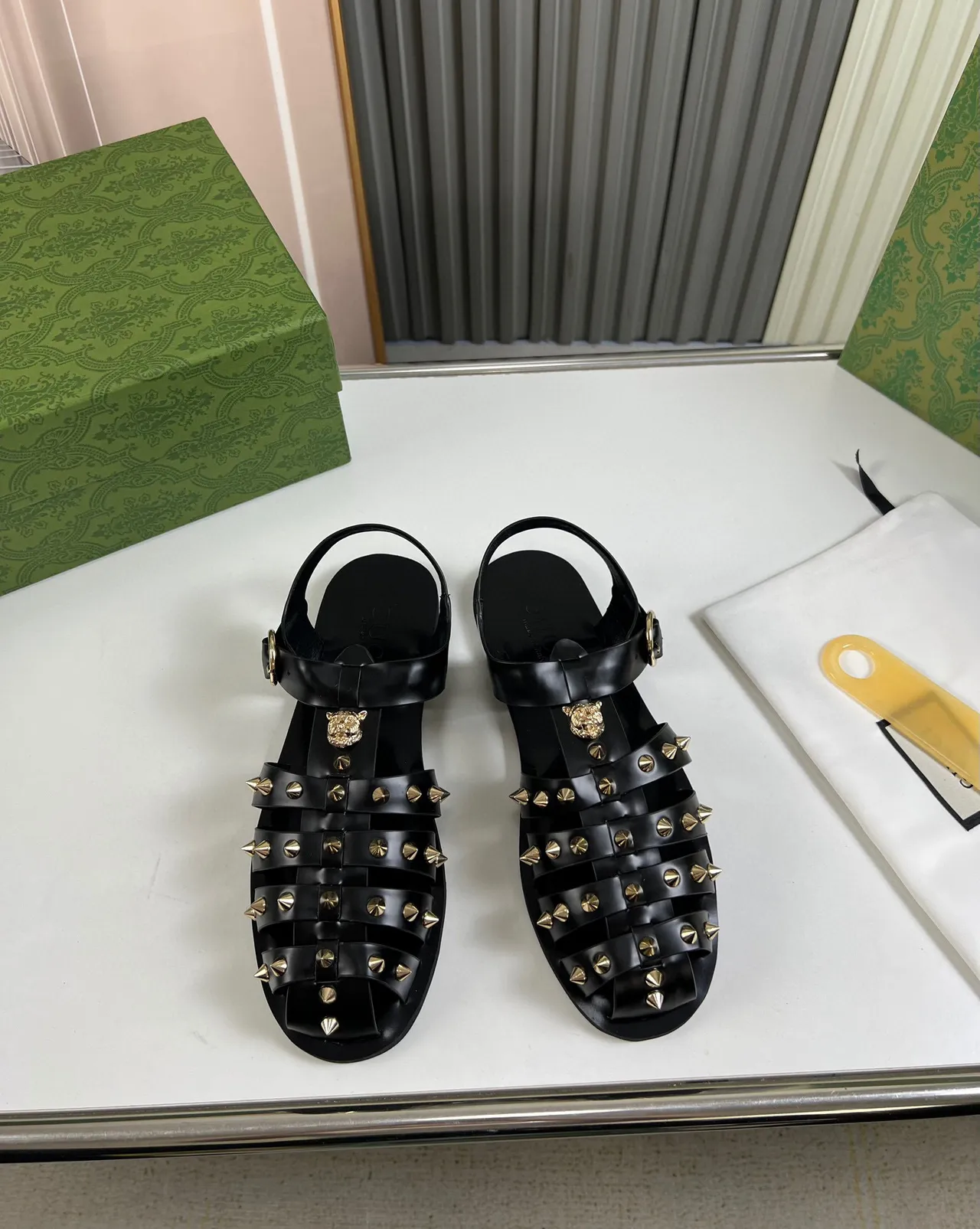 Gucci Gladiator Sandal Black Gold Multi-Strap Studded Gladiator Sandals 8