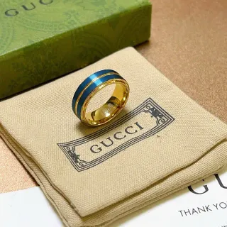 Gucci Gold Blue Wide Band Dual Enamel Stripes Ring