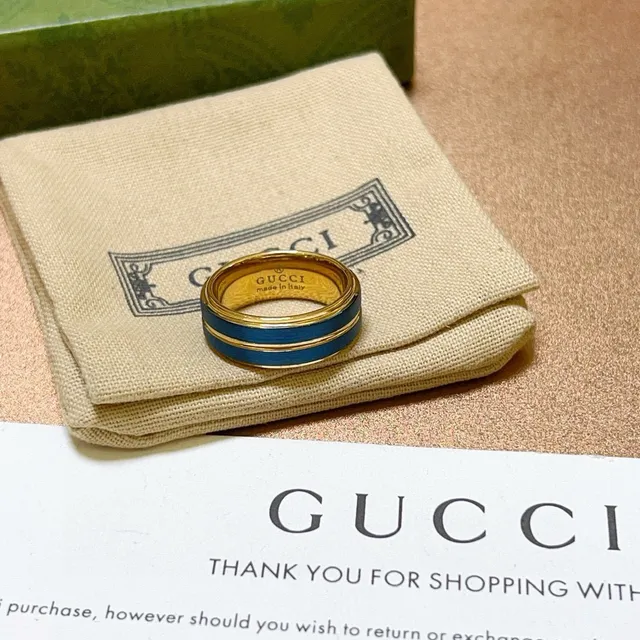 Gucci Gold Blue Wide Band Dual Enamel Stripes Ring 3
