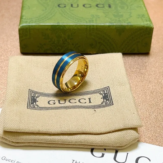Gucci Gold Blue Wide Band Dual Enamel Stripes Ring 4