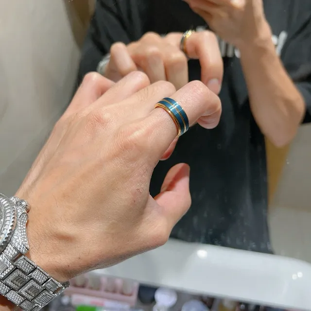 Gucci Gold Blue Wide Band Dual Enamel Stripes Ring 5