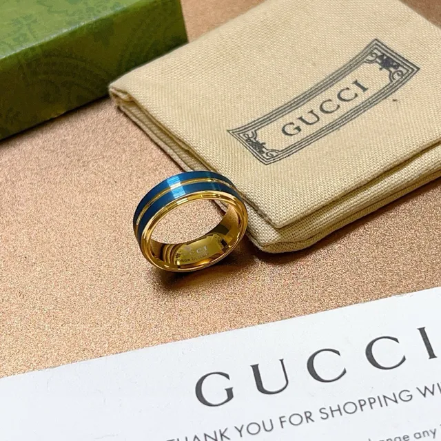Gucci Gold Blue Wide Band Dual Enamel Stripes Ring 6