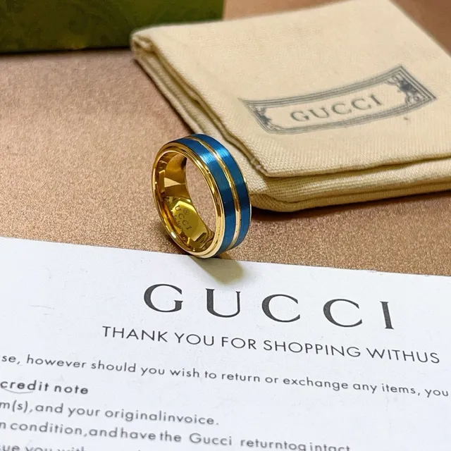 Gucci Gold Blue Wide Band Dual Enamel Stripes Ring 7
