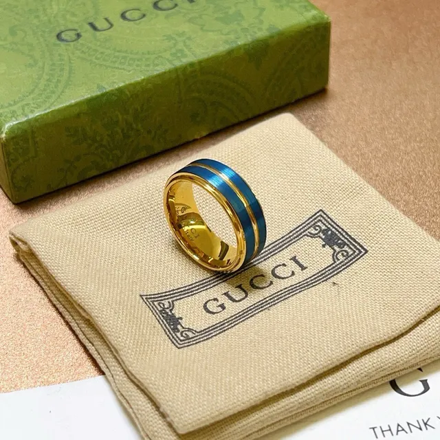 Gucci Gold Blue Wide Band Dual Enamel Stripes Ring 9