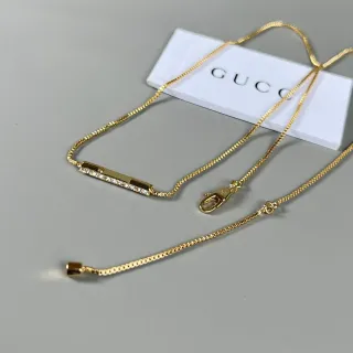 Gucci Gold Silver Box Chain Pavé Crystal Bar Pendant Necklace
