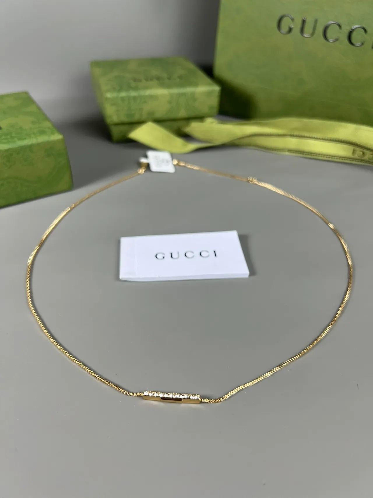 Gucci Gold Silver Box Chain Pavé Crystal Bar Pendant Necklace 4