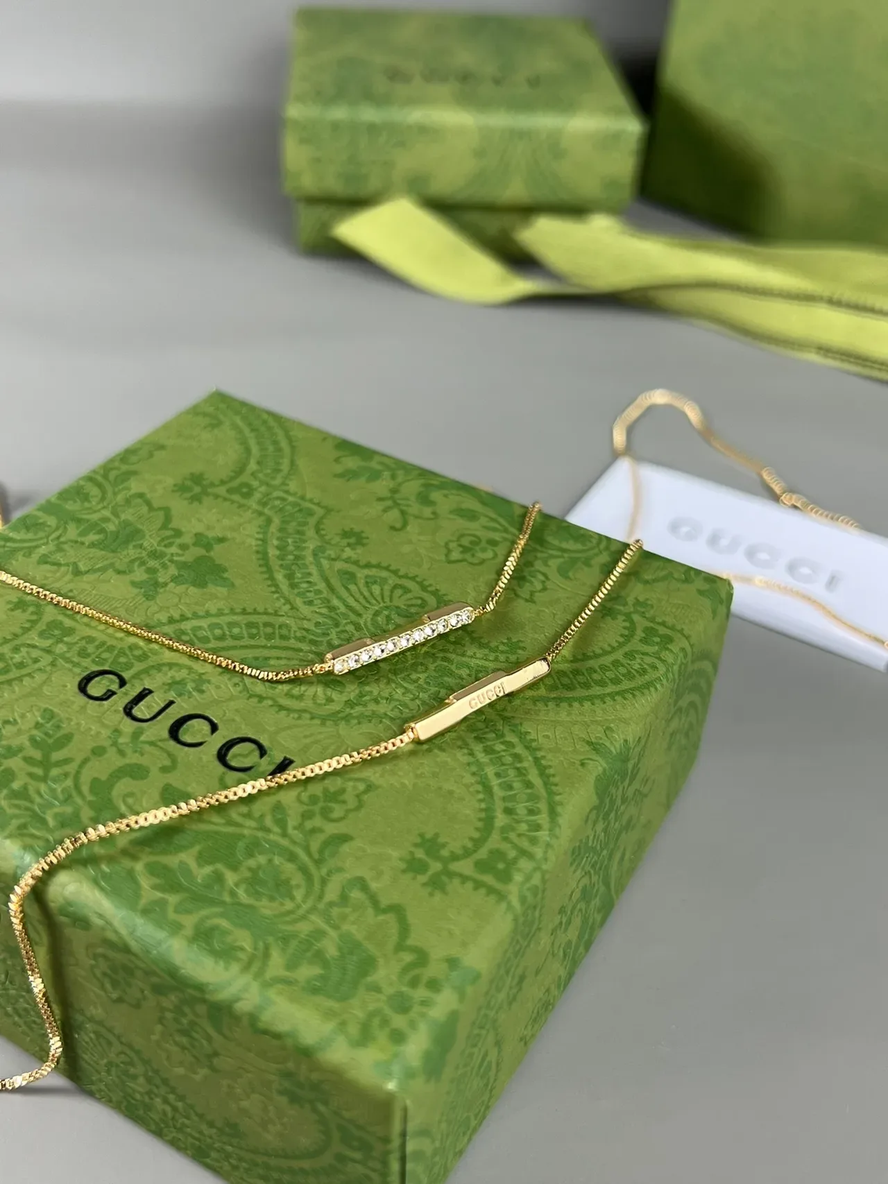 Gucci Gold Silver Box Chain Pavé Crystal Bar Pendant Necklace 5