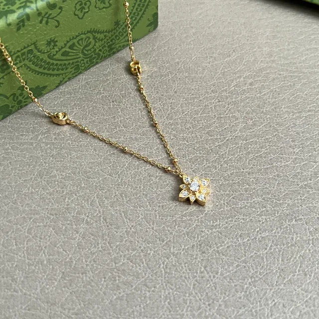 Gucci Gold White Chain Pavé Floral Pendant Necklace 2