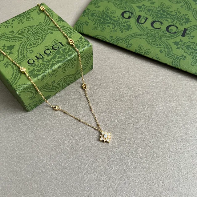 Gucci Gold White Chain Pavé Floral Pendant Necklace 6