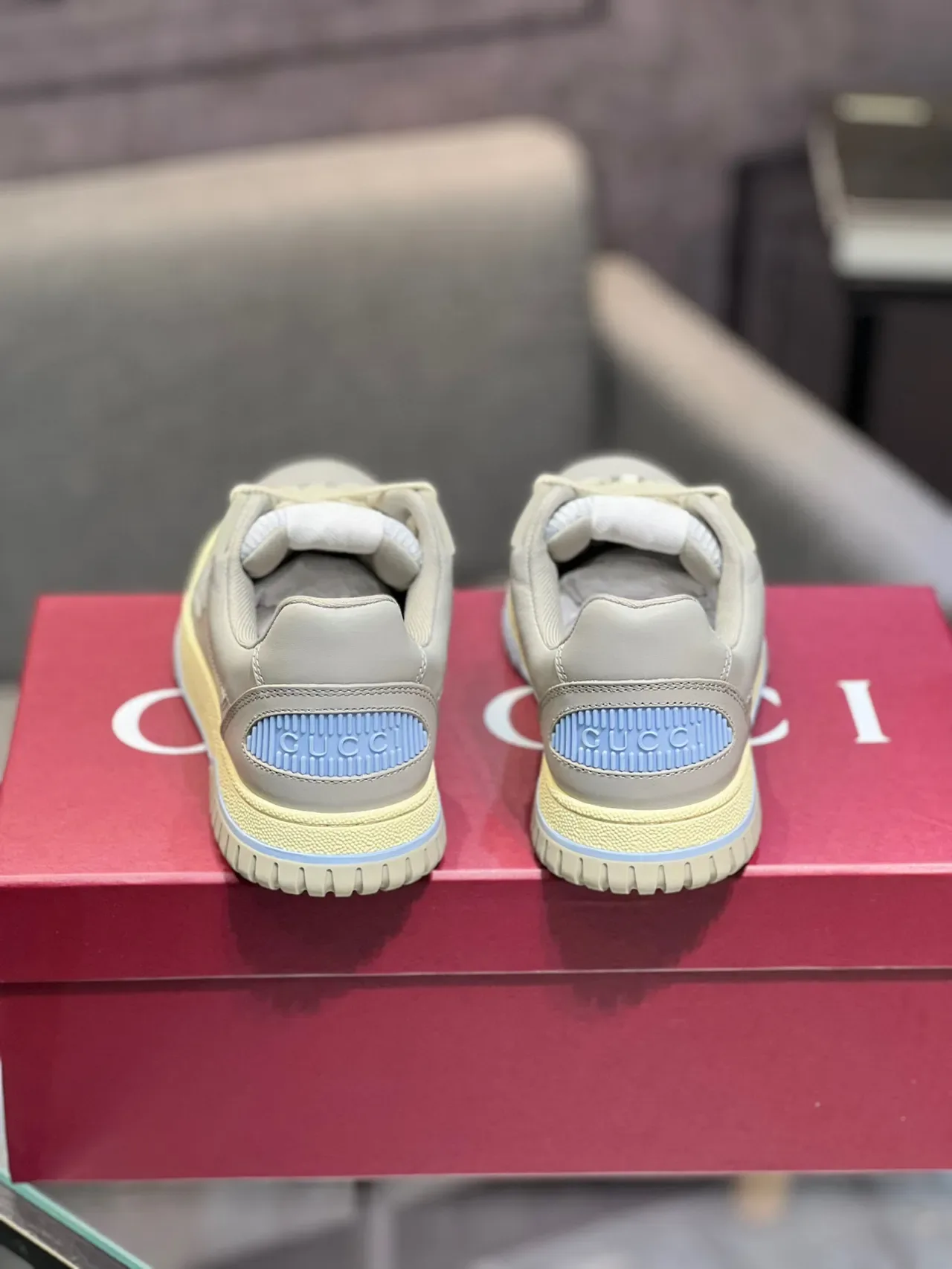 Gucci Gray Beige Perforated Toe Layered Overlays Sneakers 3