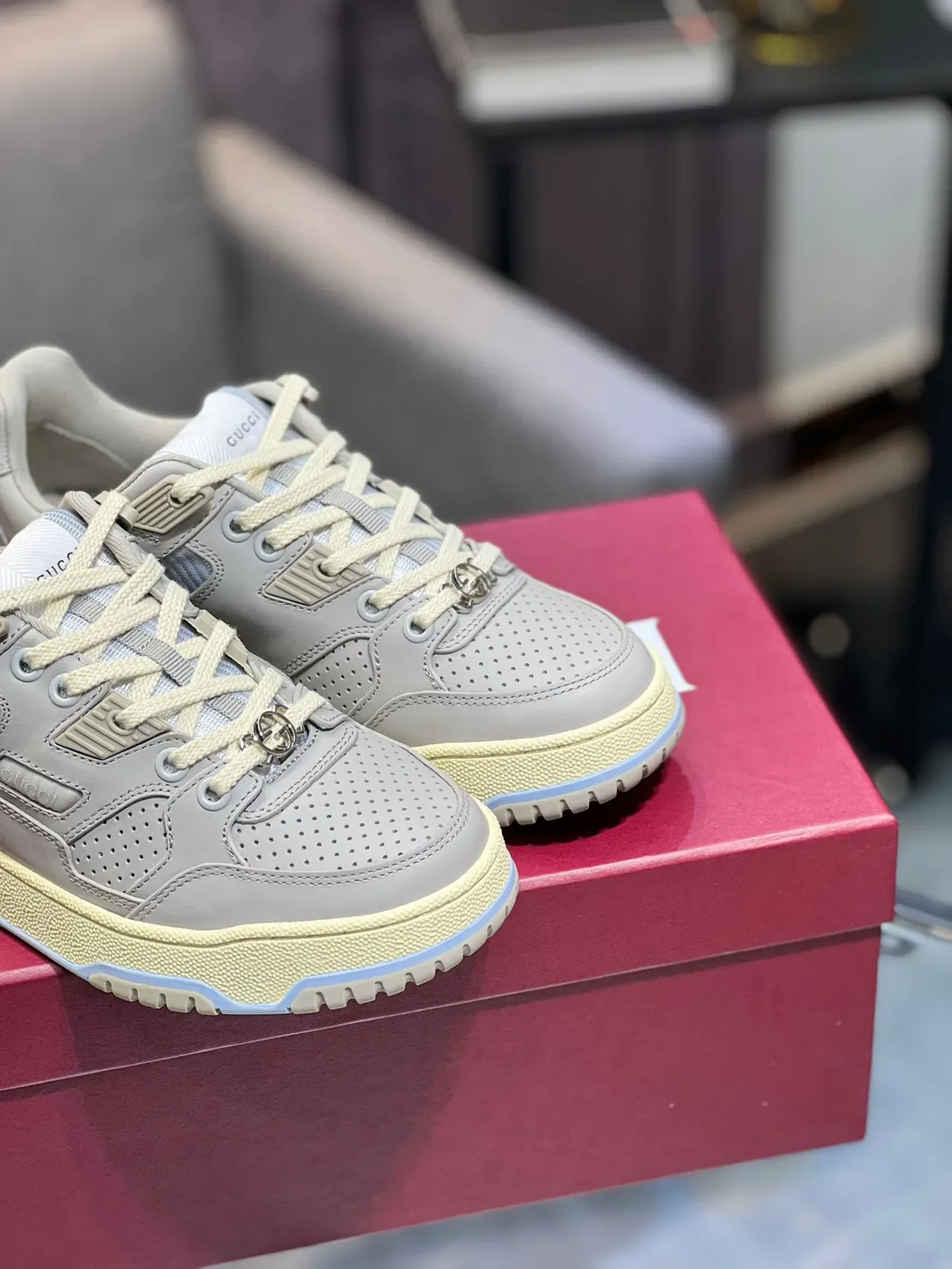 Gucci Gray Beige Perforated Toe Layered Overlays Sneakers 4