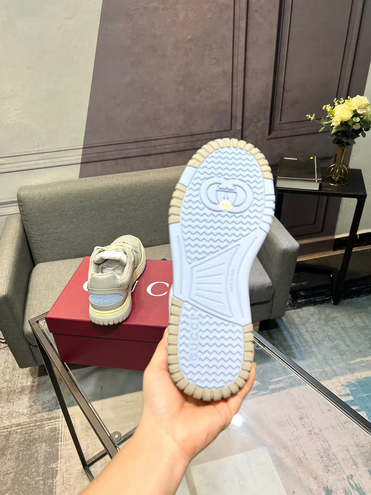 Gucci Gray Beige Perforated Toe Layered Overlays Sneakers 5