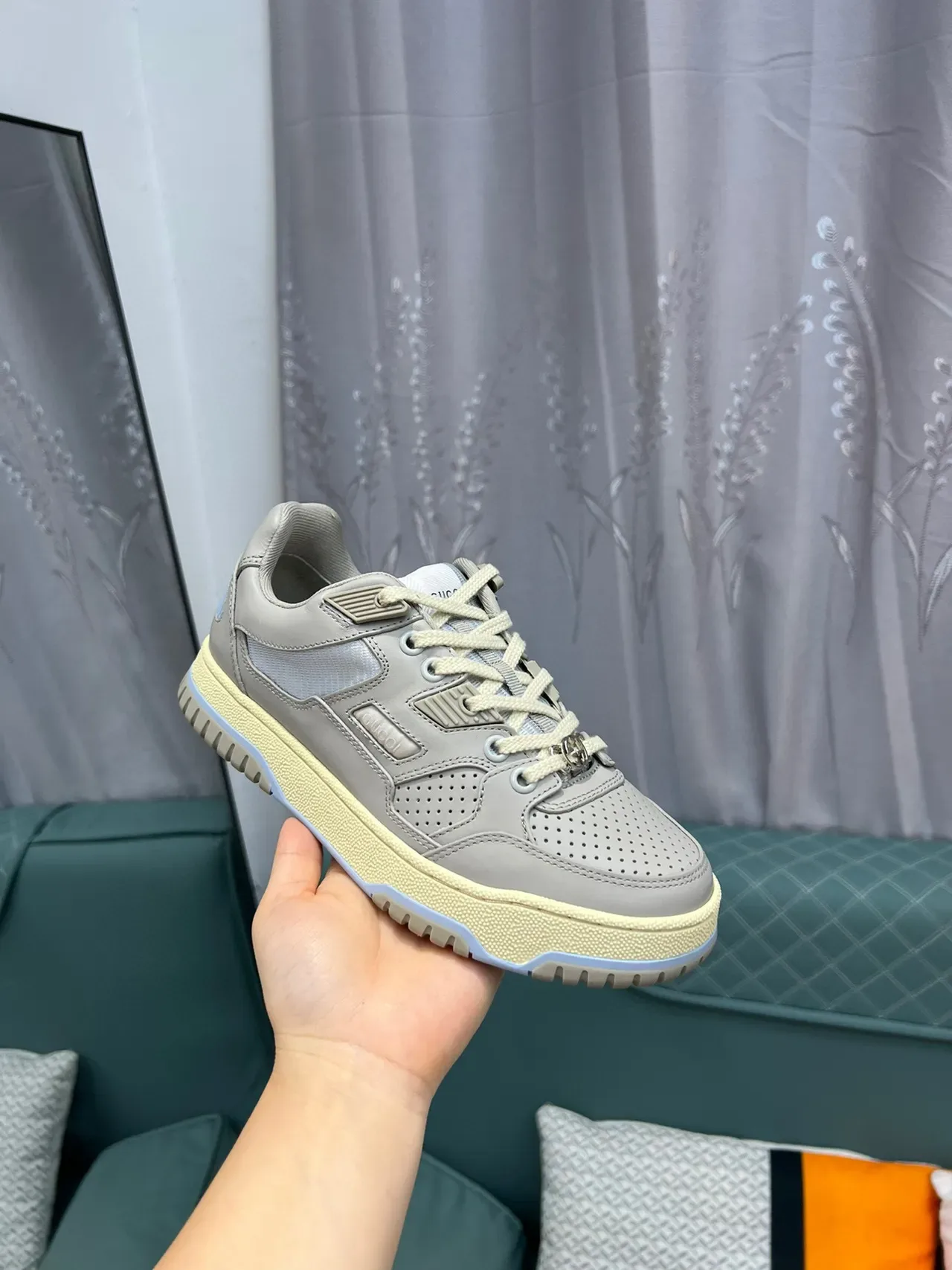 Gucci Gray Beige Perforated Toe Layered Overlays Sneakers 6
