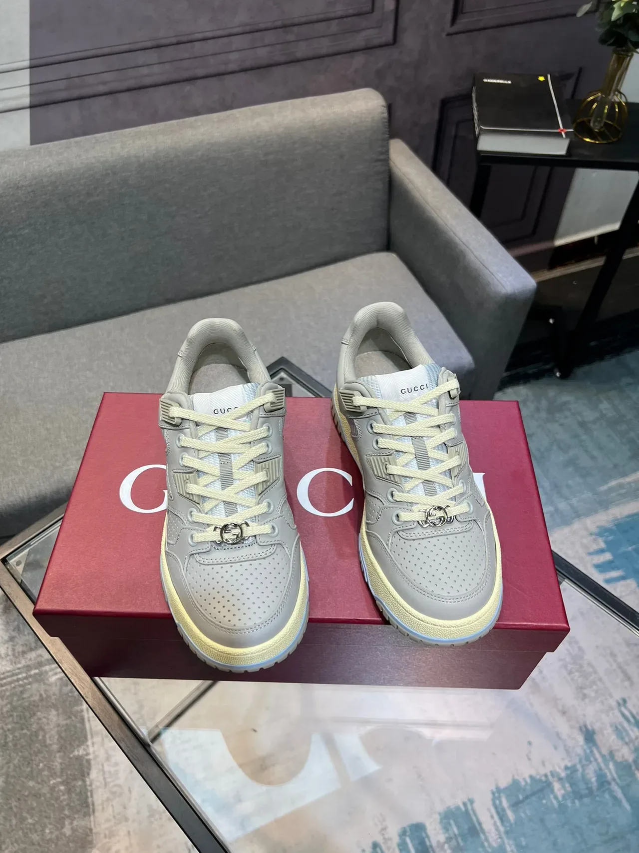 Gucci Gray Beige Perforated Toe Layered Overlays Sneakers 7