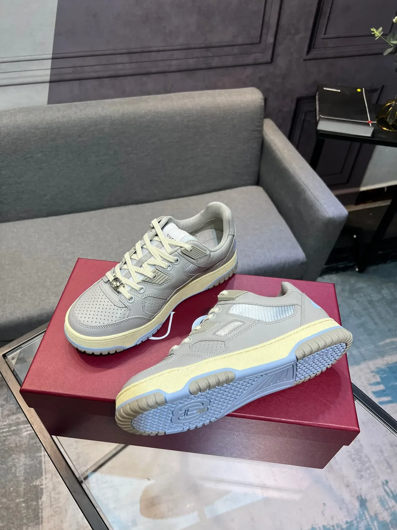 Gucci Gray Beige Perforated Toe Layered Overlays Sneakers 8