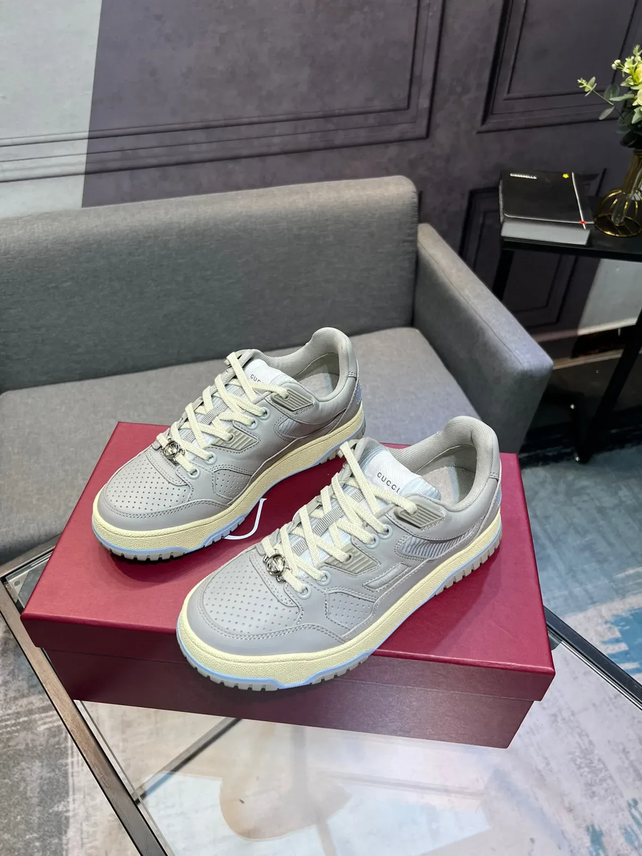 Gucci Gray Beige Perforated Toe Layered Overlays Sneakers 9