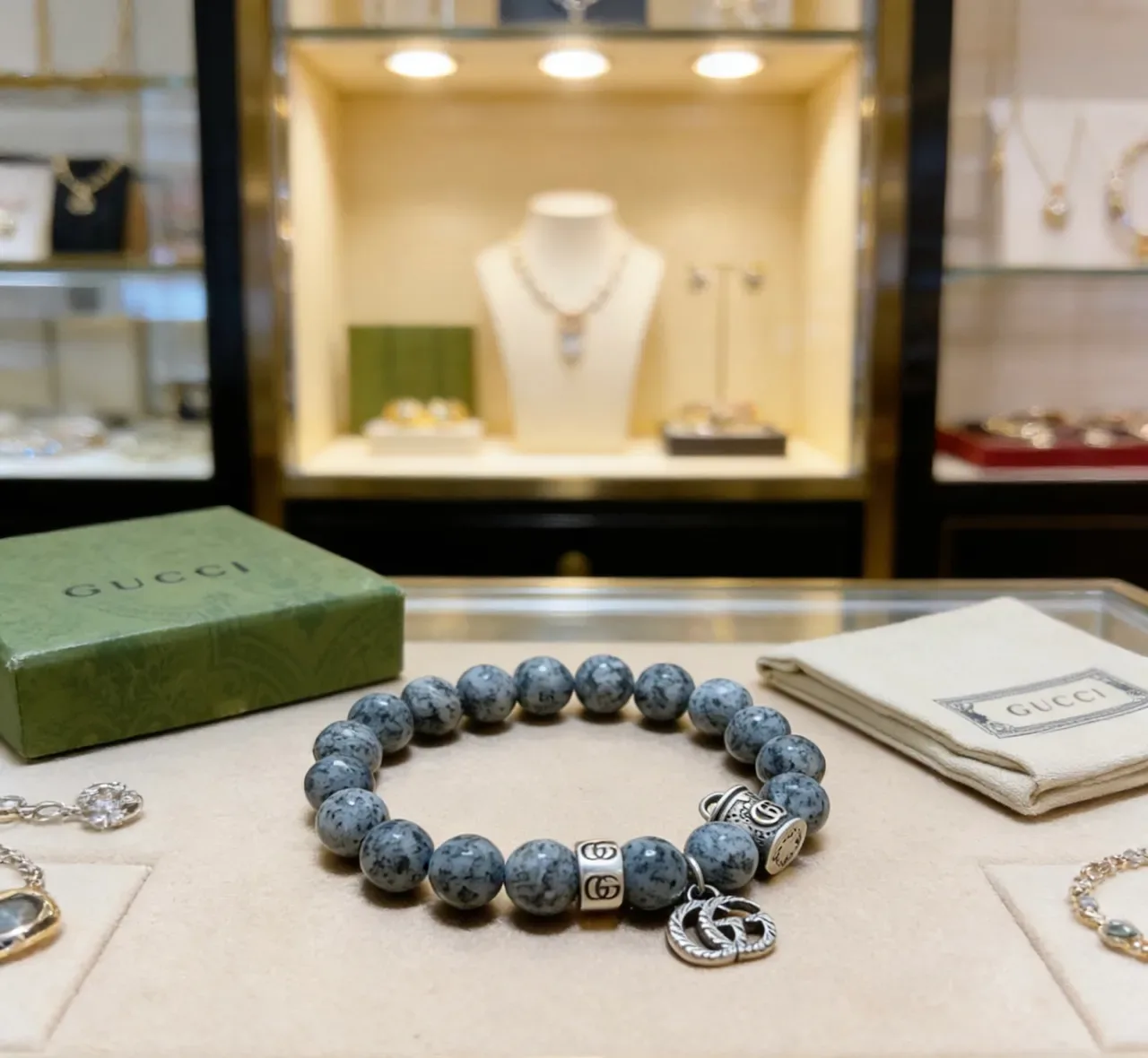 Gucci Gray Silver Beaded Stone Bracelet 2