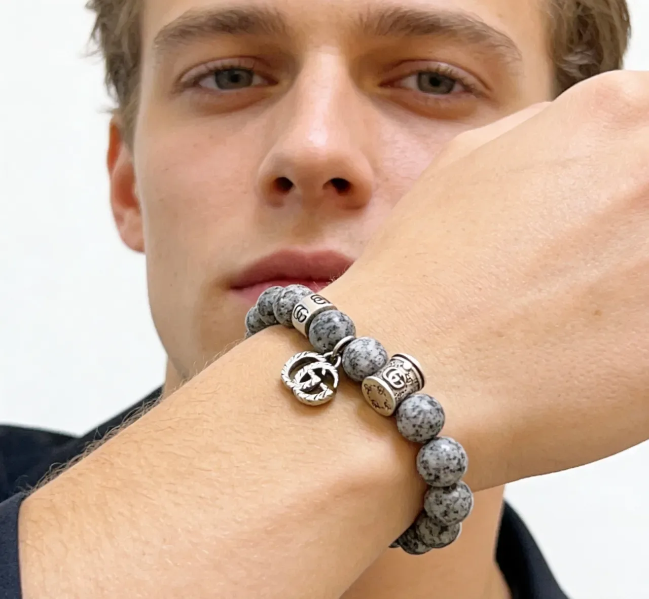 Gucci Gray Silver Beaded Stone Bracelet 3