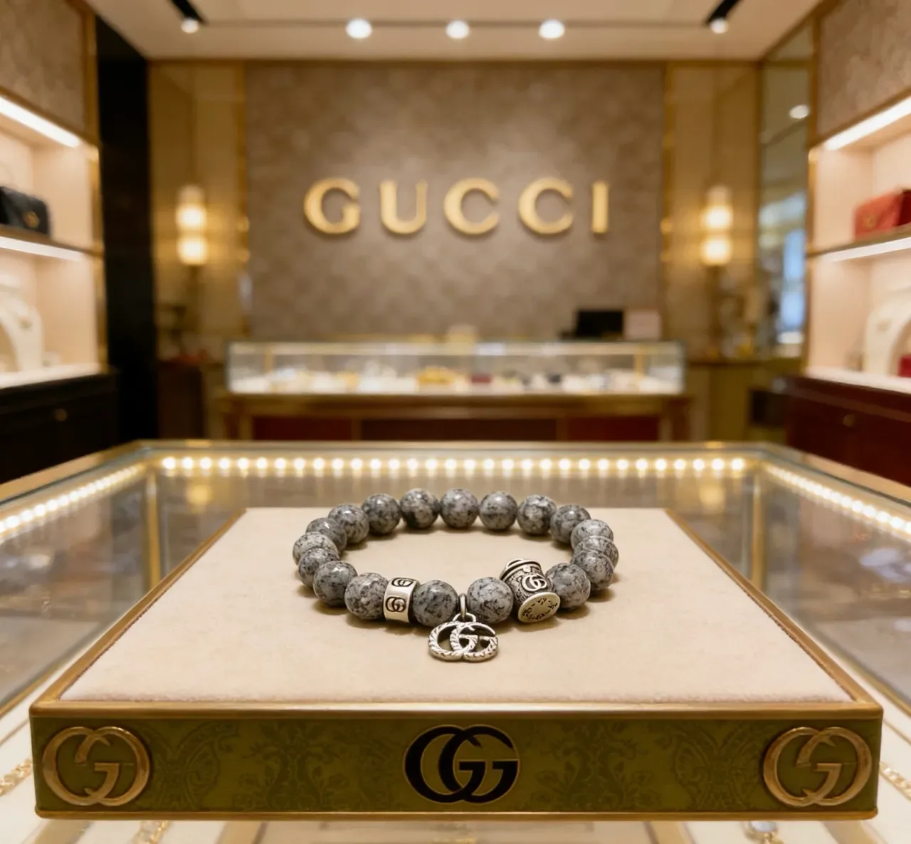 Gucci Gray Silver Beaded Stone Bracelet 4