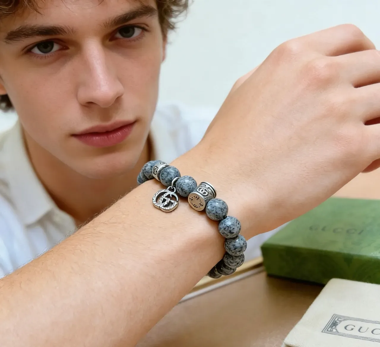 Gucci Gray Silver Beaded Stone Bracelet 5
