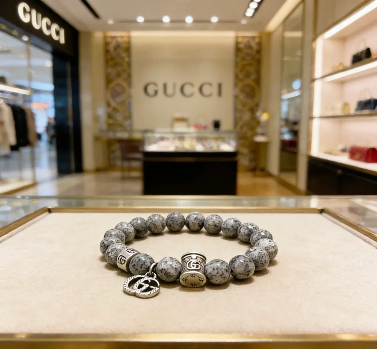 Gucci Gray Silver Beaded Stone Bracelet 6