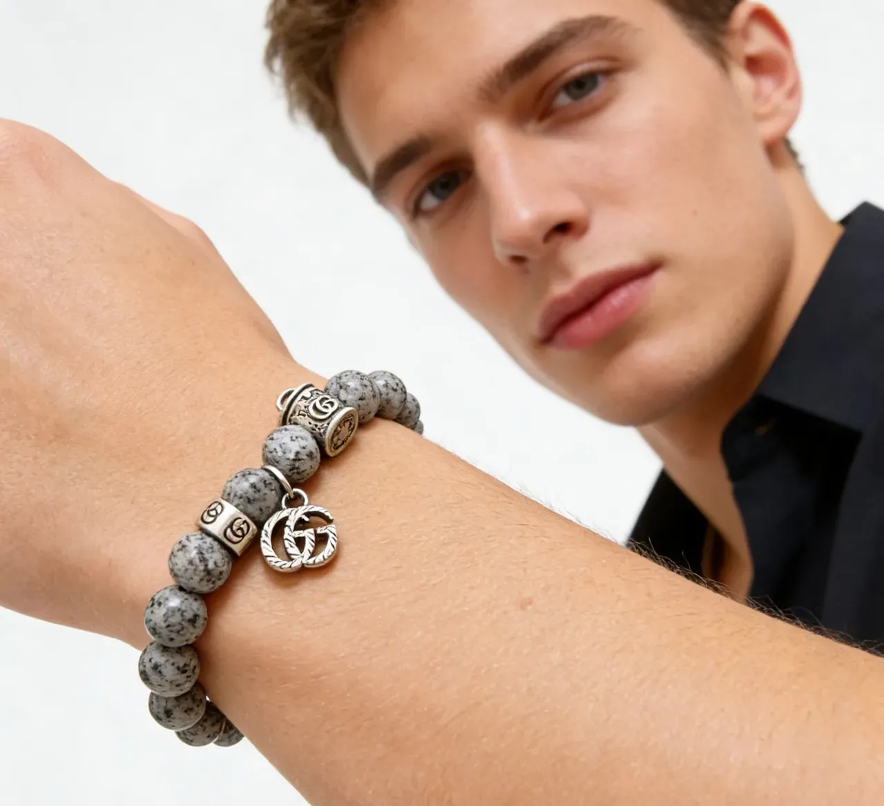 Gucci Gray Silver Beaded Stone Bracelet 8