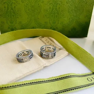Gucci Greca Enamel Ring Silver Black Geometric Pattern Inlay Ring