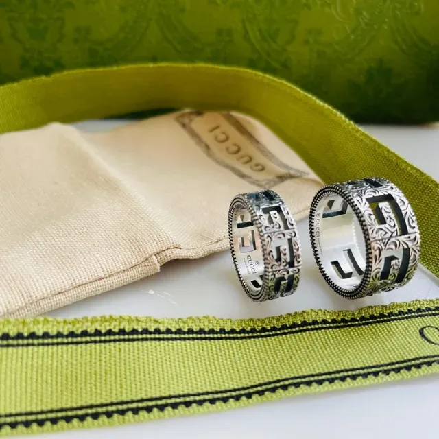 Gucci Greca Enamel Ring Silver Black Geometric Pattern Inlay Ring 3