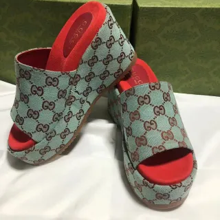 Gucci Green Red GG Monogram Canvas Platform Wedge Slippers