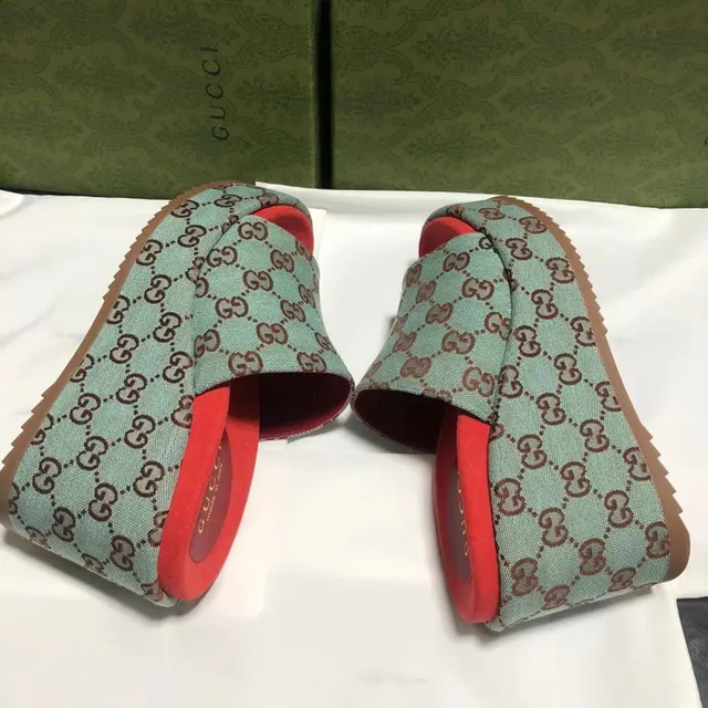 Gucci Green Red GG Monogram Canvas Platform Wedge Slippers 2