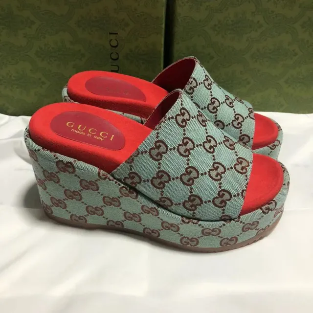 Gucci Green Red GG Monogram Canvas Platform Wedge Slippers 3