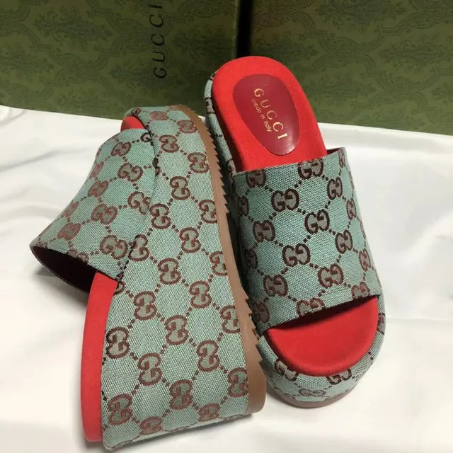 Gucci Green Red GG Monogram Canvas Platform Wedge Slippers 4