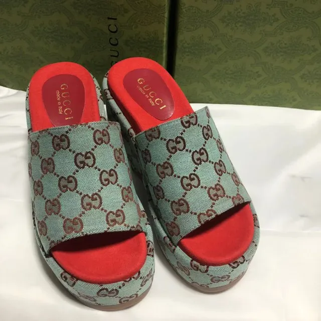 Gucci Green Red GG Monogram Canvas Platform Wedge Slippers 5