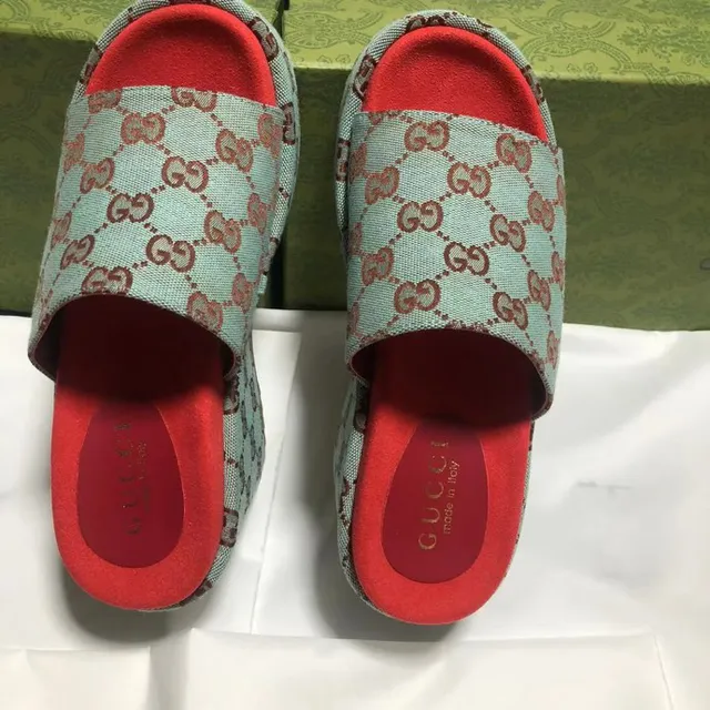 Gucci Green Red GG Monogram Canvas Platform Wedge Slippers 6