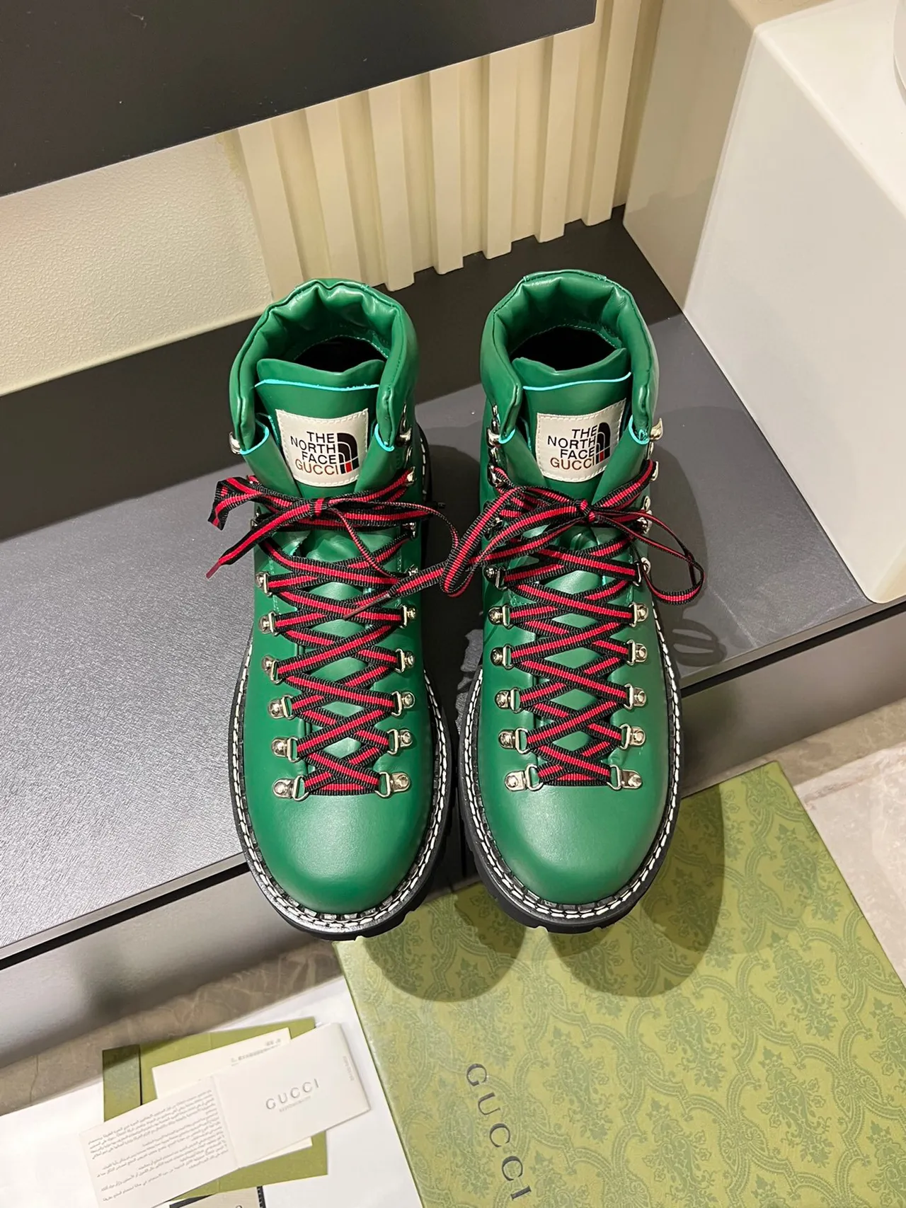 Gucci Green Red Leather Upper Striped Laces Hiking Boots 2