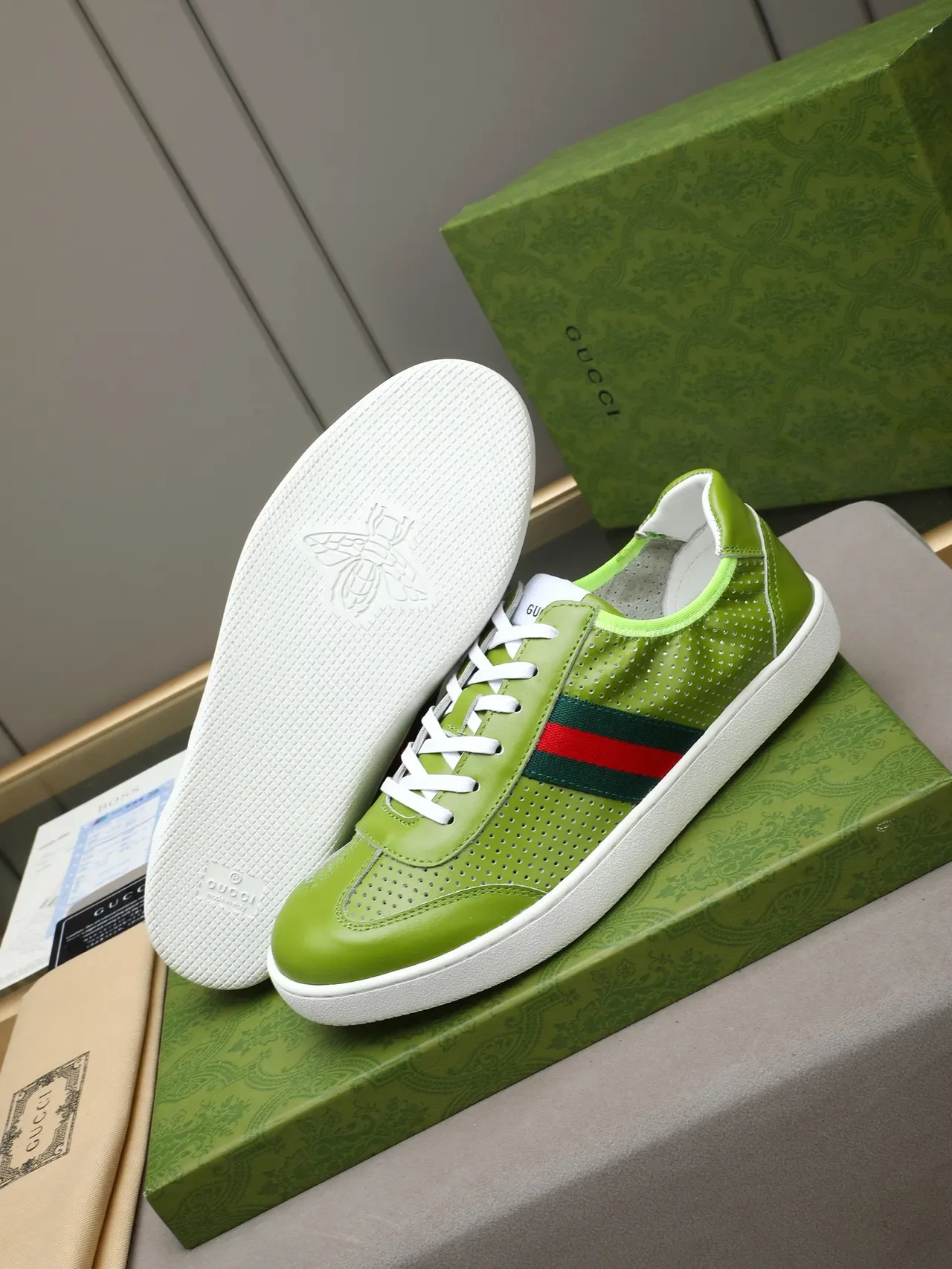 Gucci Green White Perforated Leather Upper Web Stripe Side Panel Lifestyle Sneakers 4