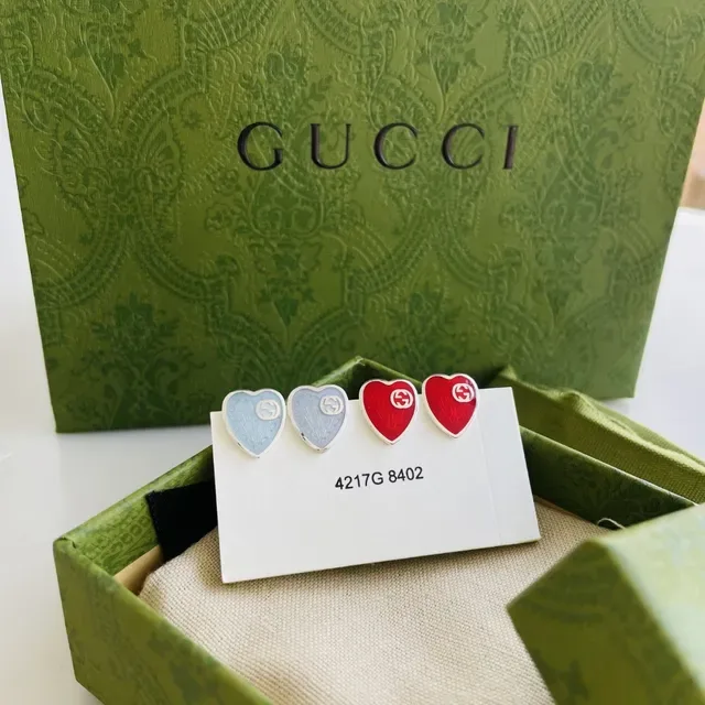 Gucci Heart-Shaped Enamel Double G Stud Earrings 3