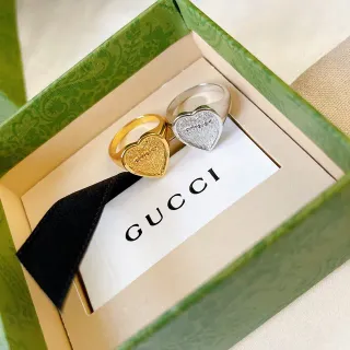 Gucci Heart Signet Ring Gold and Silver Pavé-Textured Rings