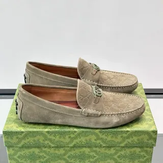Gucci Horsebit 1955 Beige Green Suede Monogrammed Loafer