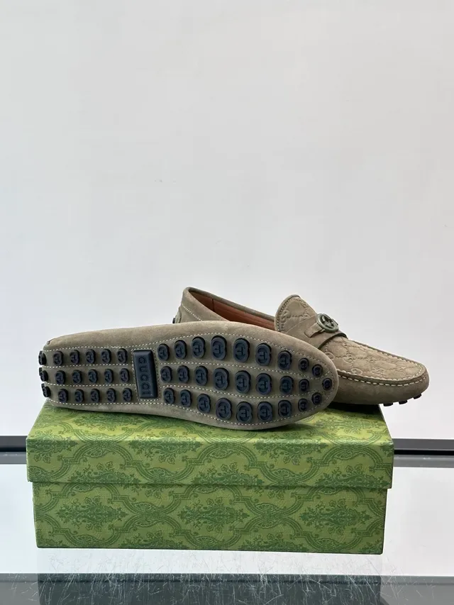 Gucci Horsebit 1955 Beige Green Suede Monogrammed Loafer 2