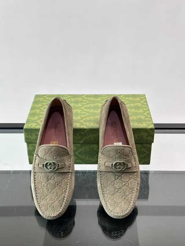 Gucci Horsebit 1955 Beige Green Suede Monogrammed Loafer 4